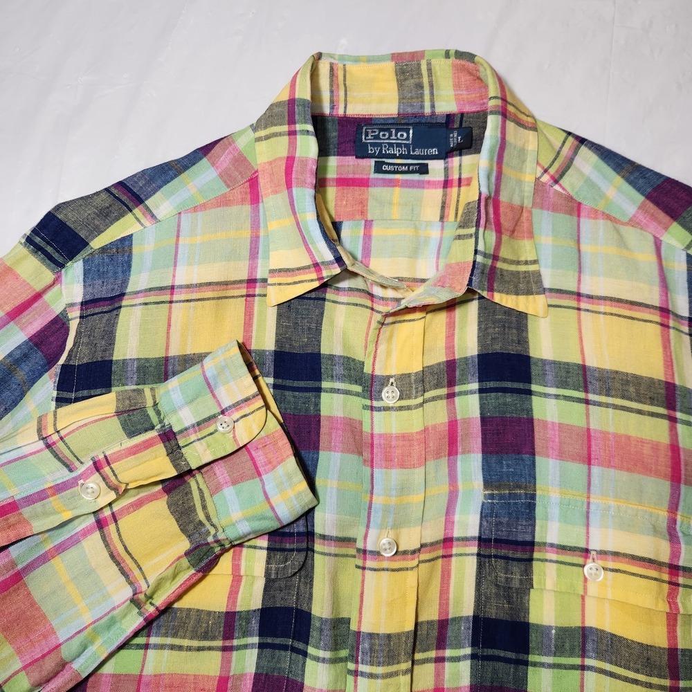 Polo Ralph Lauren Mens 100% Linen Large Long Sleeve Shirt ‎ Multicolor Plaid